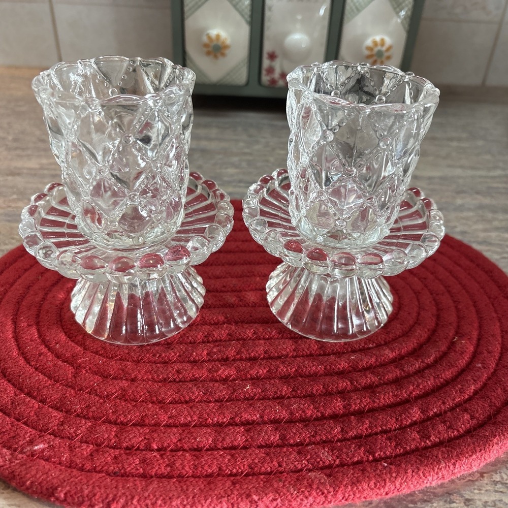 Clear Glass Bead Edges Votive Pillar Candle Holder w/ Cups 4 Separate Pieces